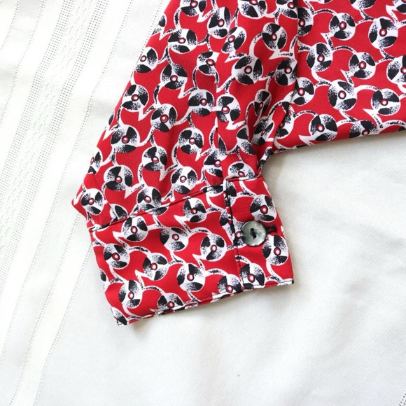 Red record patterned long sleeve button down shirt - Picture 6 of 7